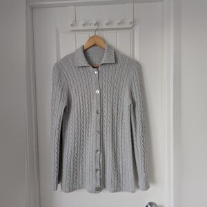 100% Cashmere Cable Knit Cardigen With Shell Buttons Seafoam Color Size Large